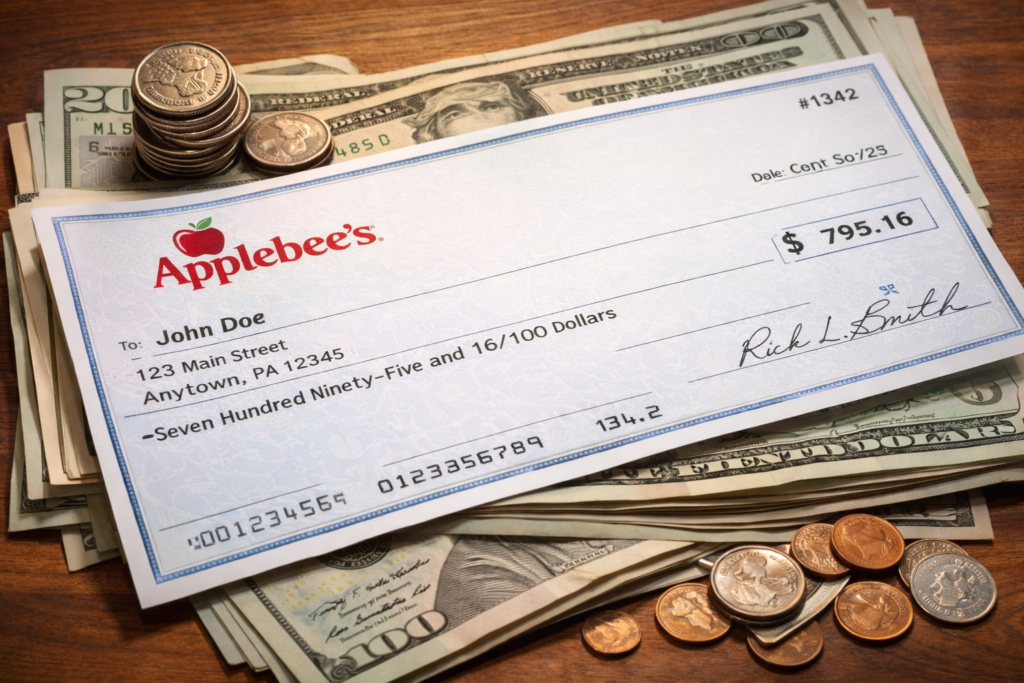 Alt text: Close up image of cash, coins, and an Applebee’s style paycheck on a wooden table, representing restaurant pay, wages, and earnings.