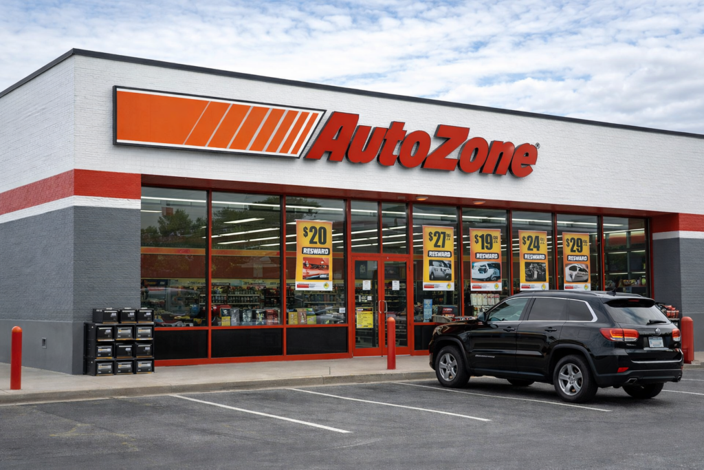 Exterior of an AutoZone store with large orange and red signage, front glass windows covered in promotional posters, a black SUV parked outside, and a paved parking lot under a partly cloudy sky