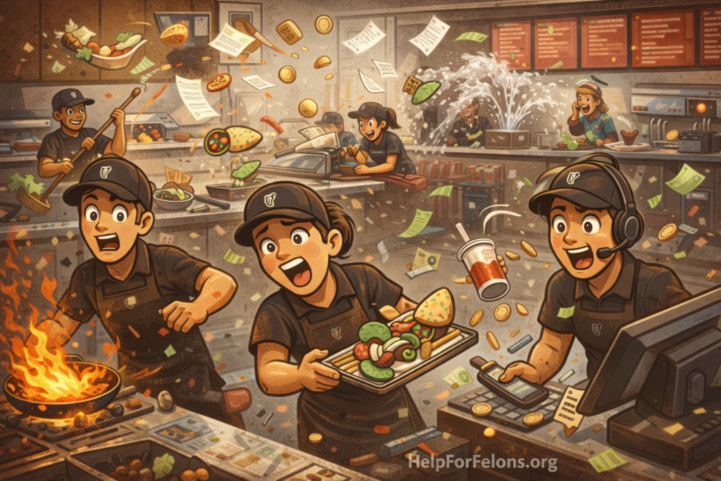 Funny cartoon image of a chaotic day working at Chipotle, with overwhelmed employees, food flying, a register line, kitchen accidents, and a busy restaurant scene with a HelpForFelons.org watermark.