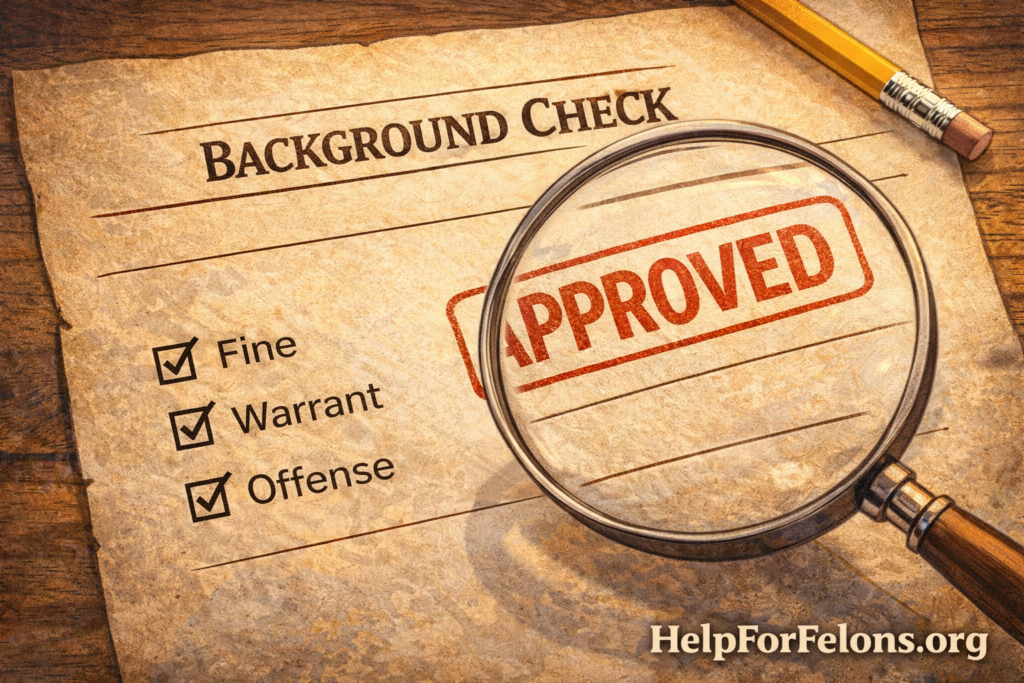 Cartoon-style background check document with a magnifying glass over an “APPROVED” stamp and checked boxes, in a warm rustic theme with a visible HelpForFelons.org watermark.