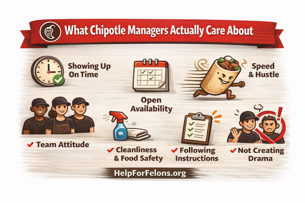Infographic showing what Chipotle managers actually care about, including showing up on time, open availability, speed and hustle, team attitude, cleanliness and food safety, following instructions, and not creating drama, with a HelpForFelons.org watermark.