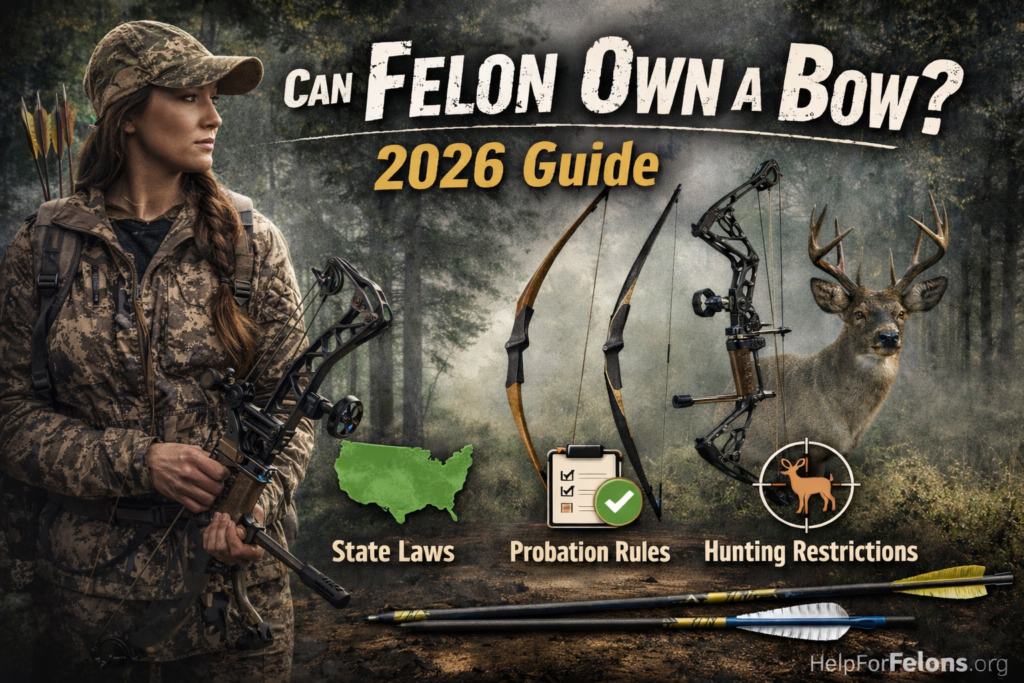 Woman hunter holding a compound bow in a forest with longbow, recurve, and compound bows displayed alongside icons for state laws, probation rules, and hunting restrictions, titled “Can a Felon Own a Bow 2026 Guide” with HelpForFelons.org watermark.
