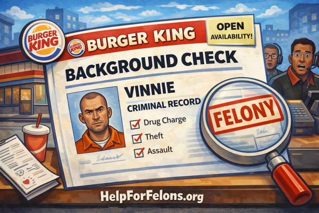 Cartoon style Burger King background check image showing a criminal record file under review with a magnifying glass, restaurant counter and staff in the background, Burger King branding elements, and a visible HelpForFelons.org watermark.