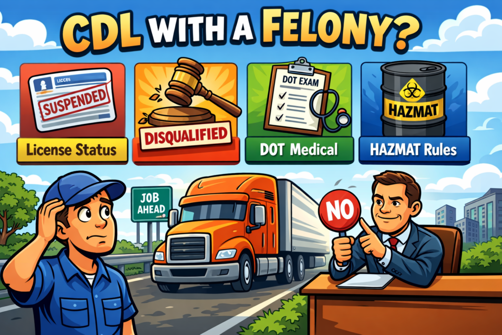 hero image showing a worried man in a blue work shirt looking at an orange semi truck while a hiring manager holds up a red “No” sign. Across the top are visual blocks for license status, disqualified offenses, DOT medical exam, and HAZMAT rules, showing the main issues that can affect whether someone with a felony can get a CDL.