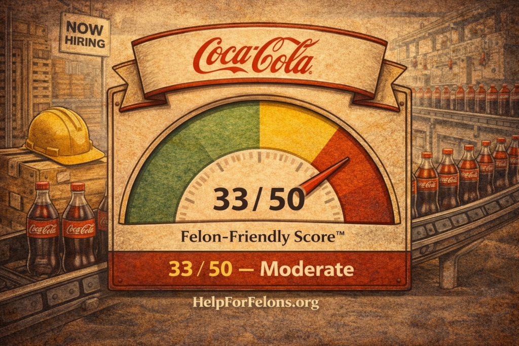 Coca-Cola Felon Friendly Score™ meter showing 33/50 in the moderate range, with a bottling plant background, conveyor bottles, a “Now Hiring” sign, and a visible HelpForFelons.org watermark.