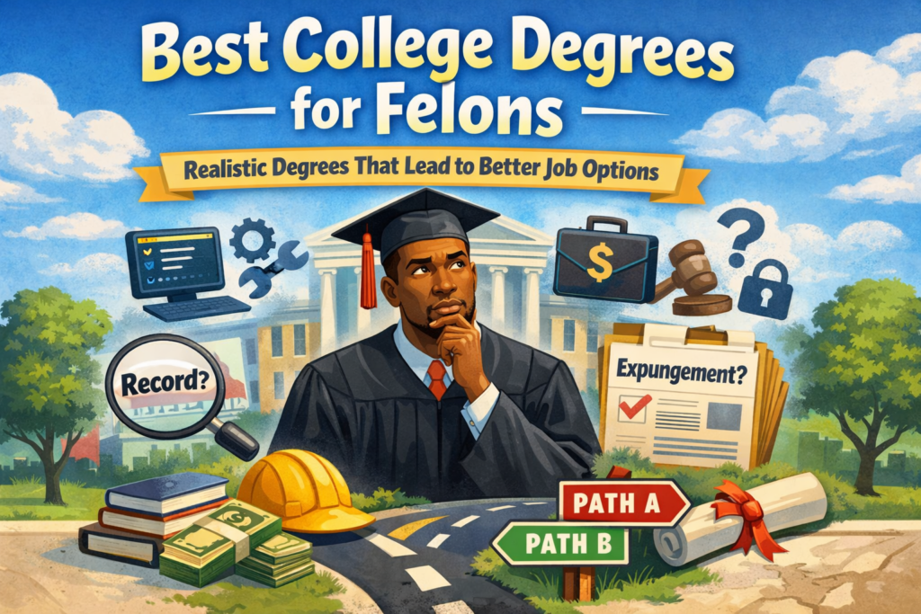 Wide cartoon style hero image for a Best College Degrees for Felons article showing a graduate in cap and gown thinking about career options, with symbols for technology, business, trades, legal barriers, expungement, and education paths, plus a visible HelpForFelons.org watermark.