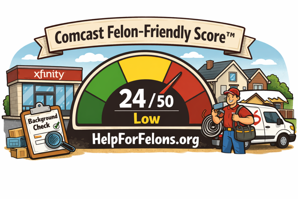Cartoon-style Comcast Felon-Friendly Score meter showing 24 out of 50 in the low range with an Xfinity-style storefront, background check clipboard, service van, homes, and a technician, plus a HelpForFelons.org watermark.