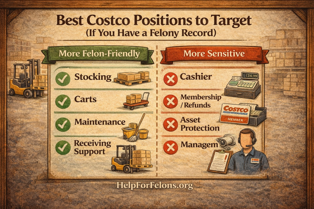 Infographic titled “Best Costco Positions to Target (If You Have a Felony Record)” showing a green column for more felon-friendly roles (stocking, carts, maintenance, receiving support) and a red column for more sensitive roles (cashier, membership/refunds, asset protection, management), with warehouse icons and a visible HelpForFelons.org watermark.