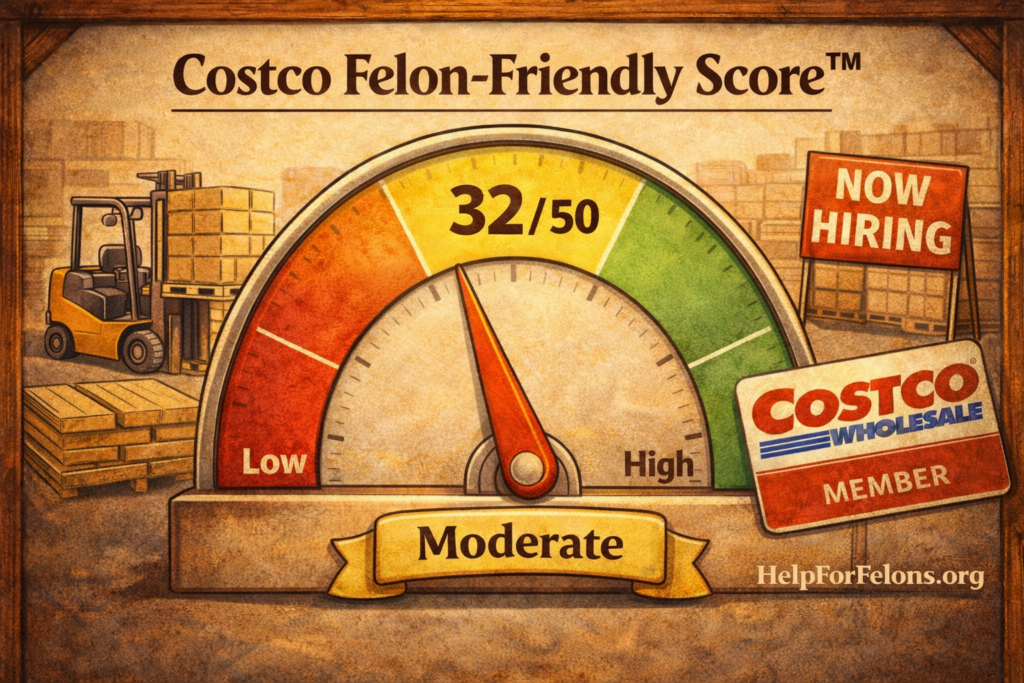 “Costco Felon-Friendly Score meter showing 32 out of 50 in the moderate range, with warehouse icons and a visible HelpForFelons.org watermark.