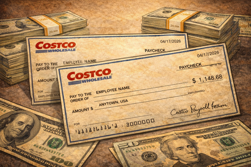 Cartoon-style image of Costco paychecks and stacks of cash representing pay and wages, in a warm rustic texture with a visible HelpForFelons.org watermark.
