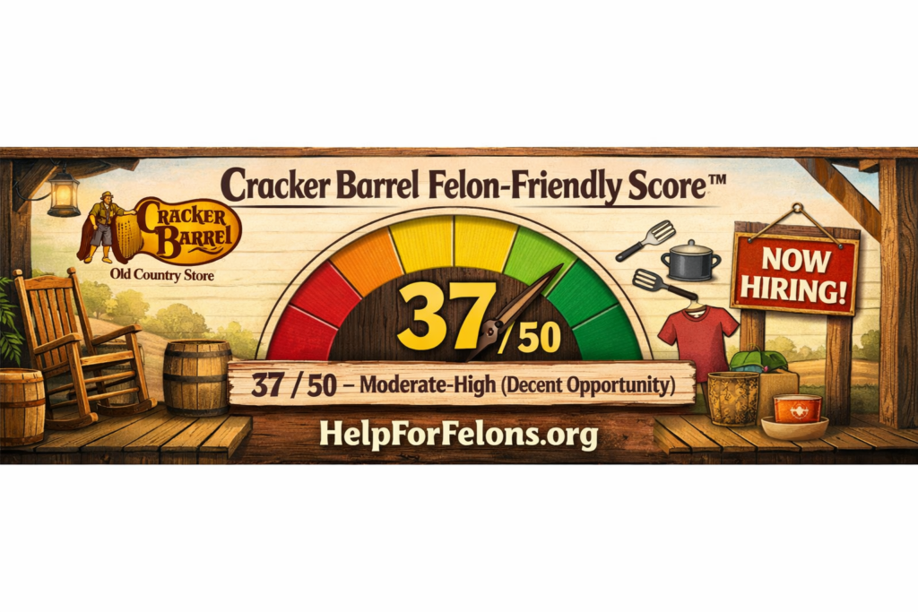 Cracker Barrel Felon-Friendly Score meter showing 36 out of 50 with HelpForFelons.org watermark.