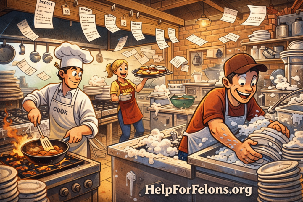 Funny cartoon of a chaotic but upbeat Cracker Barrel kitchen rush with tickets flying, a cook working the grill, and a dishwasher powering through stacks of plates, with a visible HelpForFelons.org watermark.