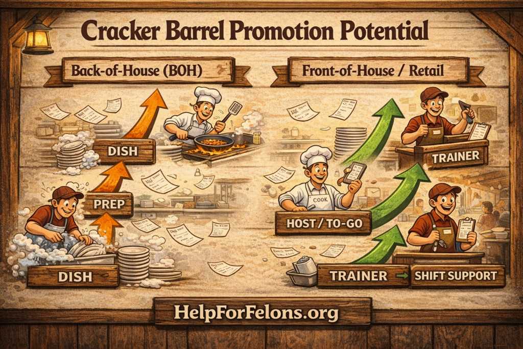 Infographic showing Cracker Barrel promotion paths from entry roles (Dish, Prep, Host/To-Go) to higher responsibility roles (Line Cook, Kitchen Lead, Trainer, Shift Support), with upward arrows and a visible HelpForFelons.org watermark.