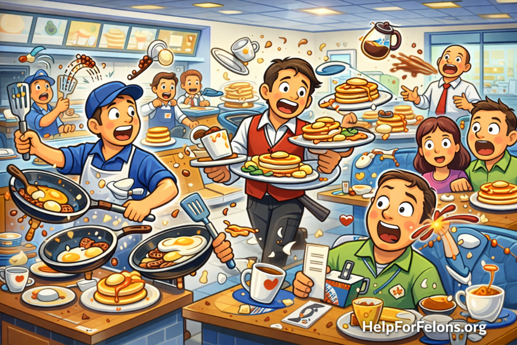Funny cartoon image of a crazy busy IHOP-style breakfast rush with pancakes flying, cooks scrambling, servers overloaded, surprised customers, and a HelpForFelons.org watermark.