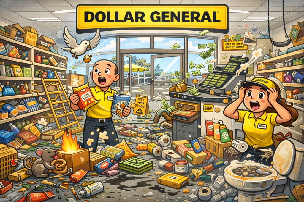Funny cartoon illustration of a chaotic Dollar General store with shelves falling over, products scattered everywhere, money flying from a register, and overwhelmed employees reacting to the mess. The scene includes spilled merchandise, a mouse near a small fire, and customers and workers looking shocked inside the store, with a visible HelpForFelons.org watermark.