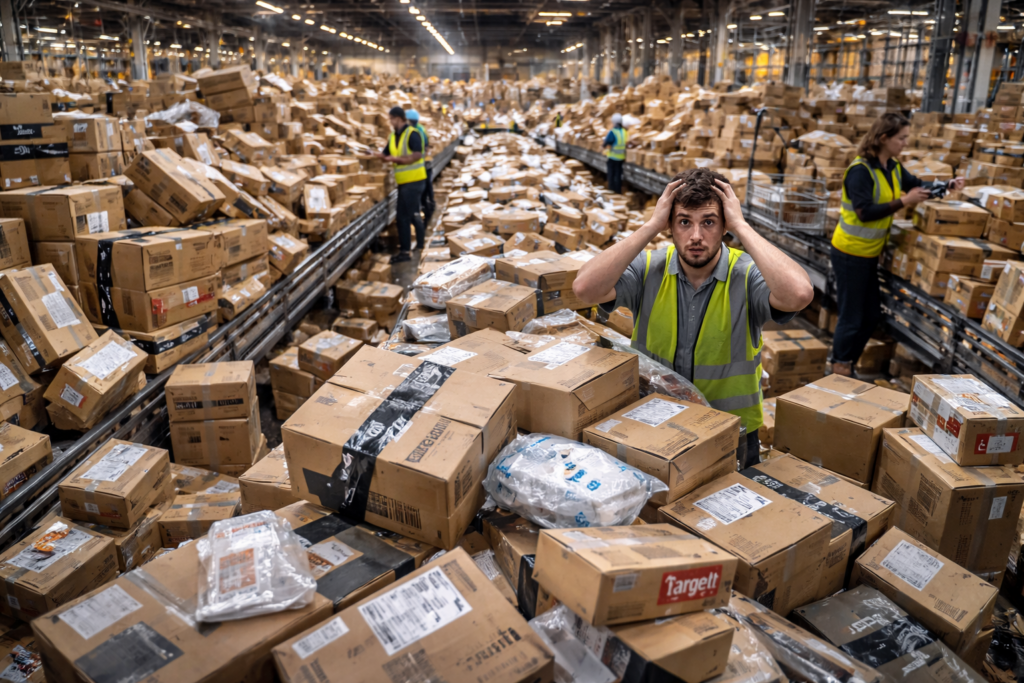 Chaotic warehouse scene with thousands of packages piled everywhere while workers try to sort boxes on conveyor belts in an overloaded distribution center