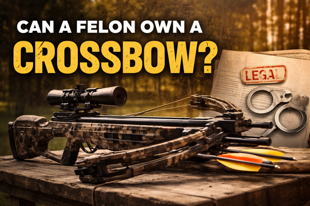 hero image showing a crossbow on a wooden table outdoors with legal paperwork in the background, representing the question of whether a felon can legally own a crossbow, with a visible HelpForFelons.org watermark.