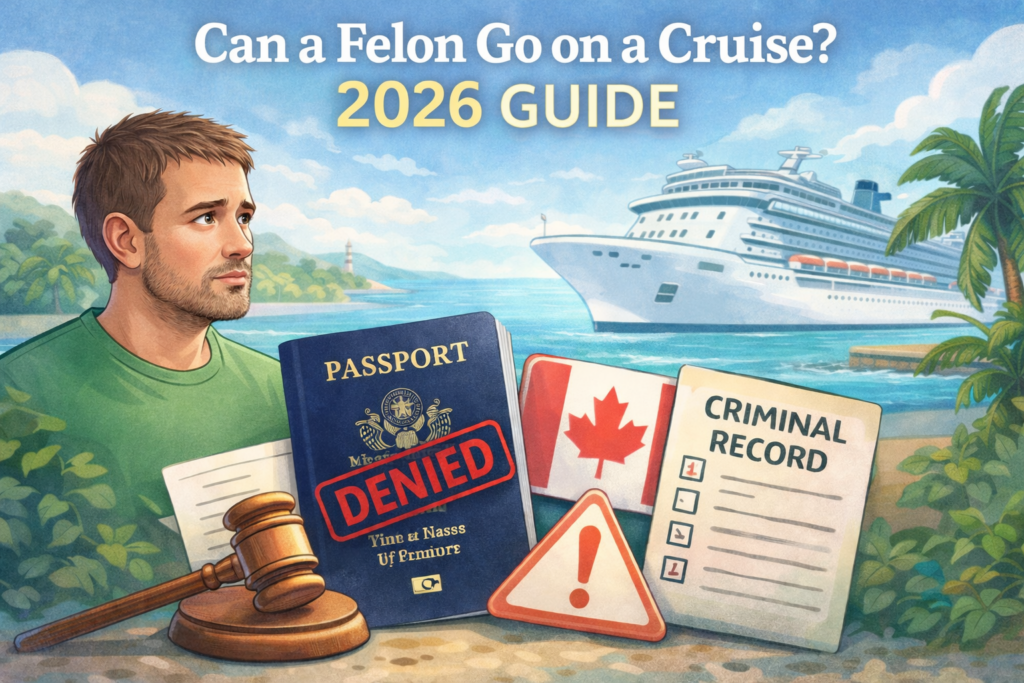 hero image for an article about whether a felon can go on a cruise. A man in a green T shirt stands on a tropical shoreline looking concerned, with a large cruise ship in the background. In the foreground are travel related items including a passport stamped denied, a Canadian flag, a criminal record checklist, and a warning symbol, representing cruise eligibility, entry rules, and travel restrictions.