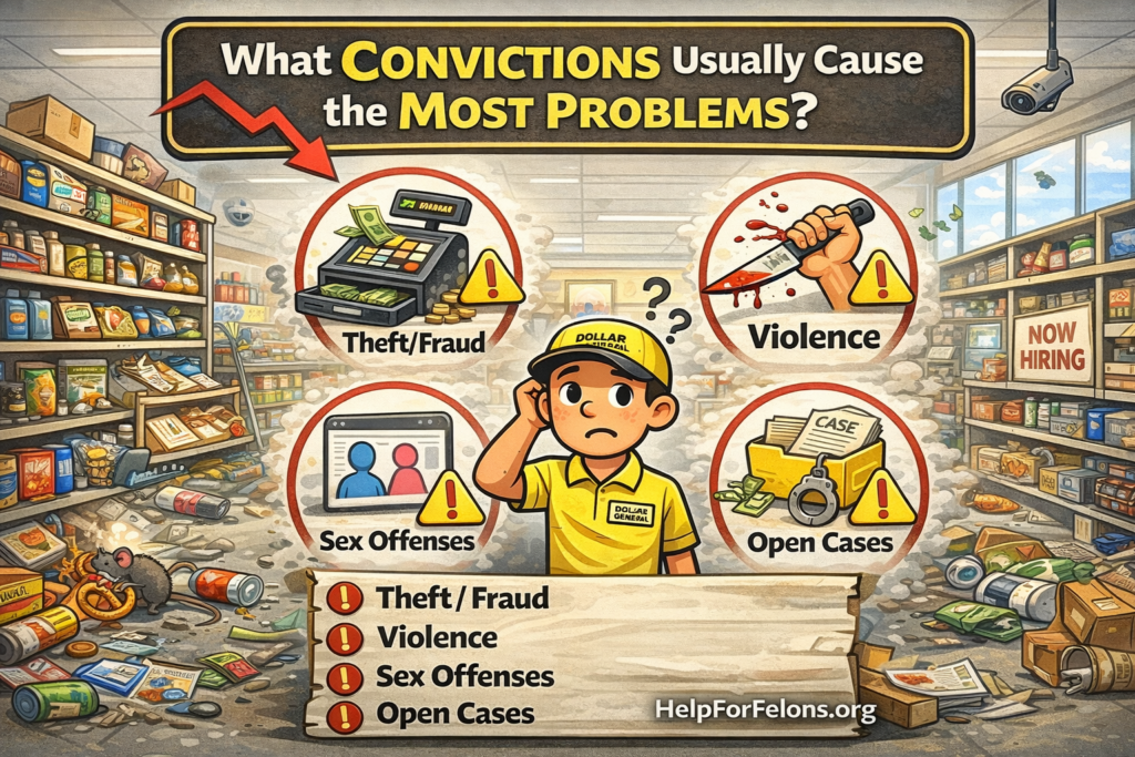 Cartoon-style infographic titled “What Convictions Usually Cause the Most Problems?” showing a worried Dollar General employee in a messy store with warning icons highlighting Theft/Fraud, Violence, Sex Offenses, and Open Cases. The graphic includes retail shelves, cash register imagery, caution symbols, and a visible HelpForFelons.org watermark.