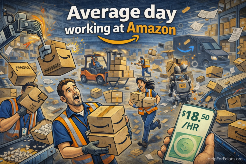 Funny cartoon image of a chaotic Amazon warehouse with workers carrying boxes, flying packages, robots, a forklift, conveyor belts, a delivery van, hourly pay on a phone screen, and the text “Average day working at Amazon,” with a visible HelpForFelons.org watermark.