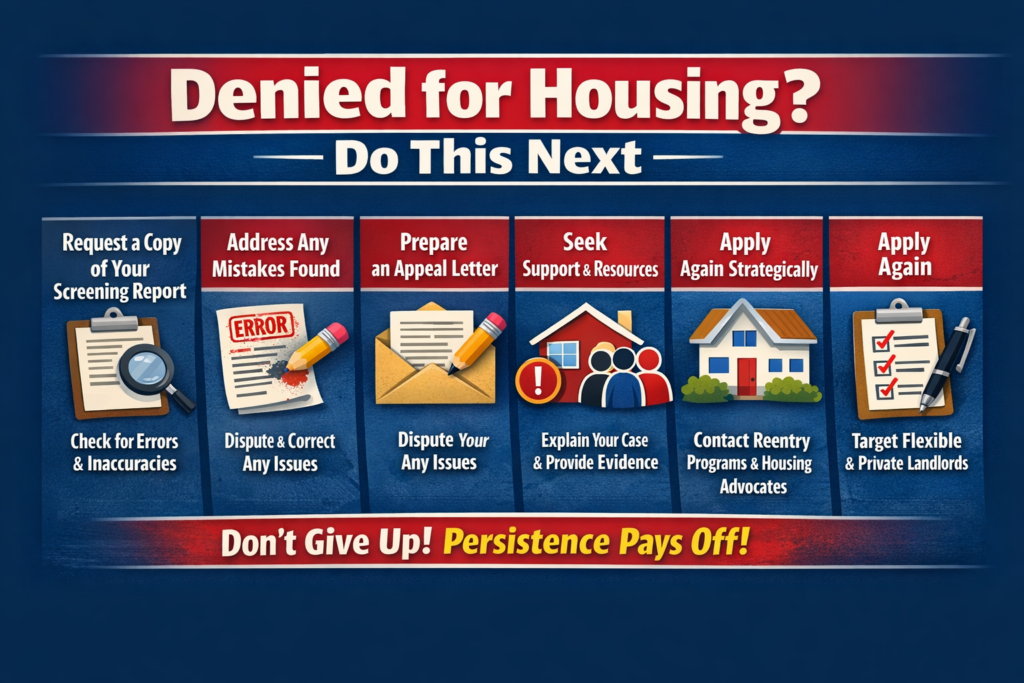 Infographic titled “Denied for Housing? Do This Next” showing next steps after a rental denial, including getting your screening report, checking for errors, disputing mistakes, finding support, and applying again more strategically.