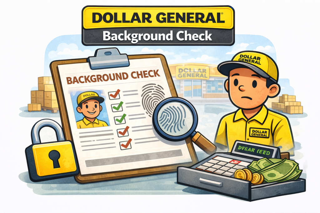 Cartoon-style illustration showing a Dollar General background check process. The image features a clipboard labeled “Background Check,” a magnifying glass over a fingerprint, a Dollar General employee, cash register and money icons, boxes from a store or warehouse, and a visible HelpForFelons.org watermark.