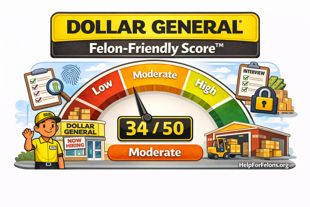 Cartoon-style meter graphic showing the Dollar General Felon-Friendly Score™ at 34 out of 50, labeled Moderate, with a gauge needle in the yellow range. The image includes a Dollar General-style store, a warehouse with boxes and forklift, hiring and background check icons, and a visible HelpForFelons.org watermark.