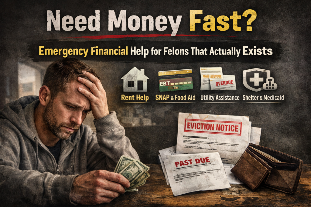 Man in financial distress holding cash at a table with overdue bills, an eviction notice, and icons for rent help, food aid, utility assistance, and shelter and Medicaid under the headline “Need Money Fast?”