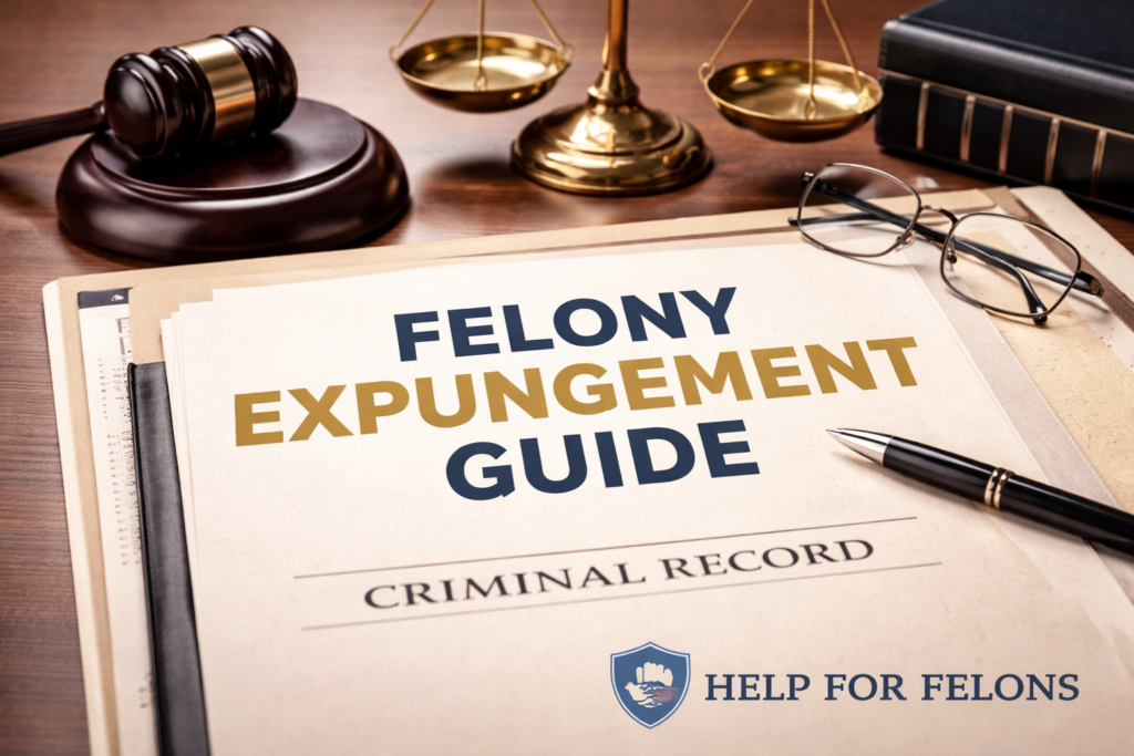 Hero image for a felony expungement and record sealing guide showing a criminal record folder on a desk with a gavel, scales of justice, glasses, pen, and a visible HelpForFelons.org watermark.