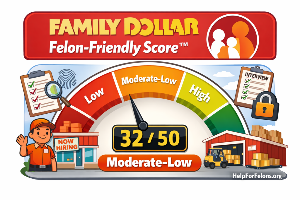 Cartoon-style meter graphic showing the Family Dollar Felon-Friendly Score™ at 32 out of 50, labeled Moderate-Low, with a gauge needle in the orange range. The image includes a Family Dollar-style store, a warehouse with boxes and forklift, hiring and interview icons, and a visible HelpForFelons.org watermark.