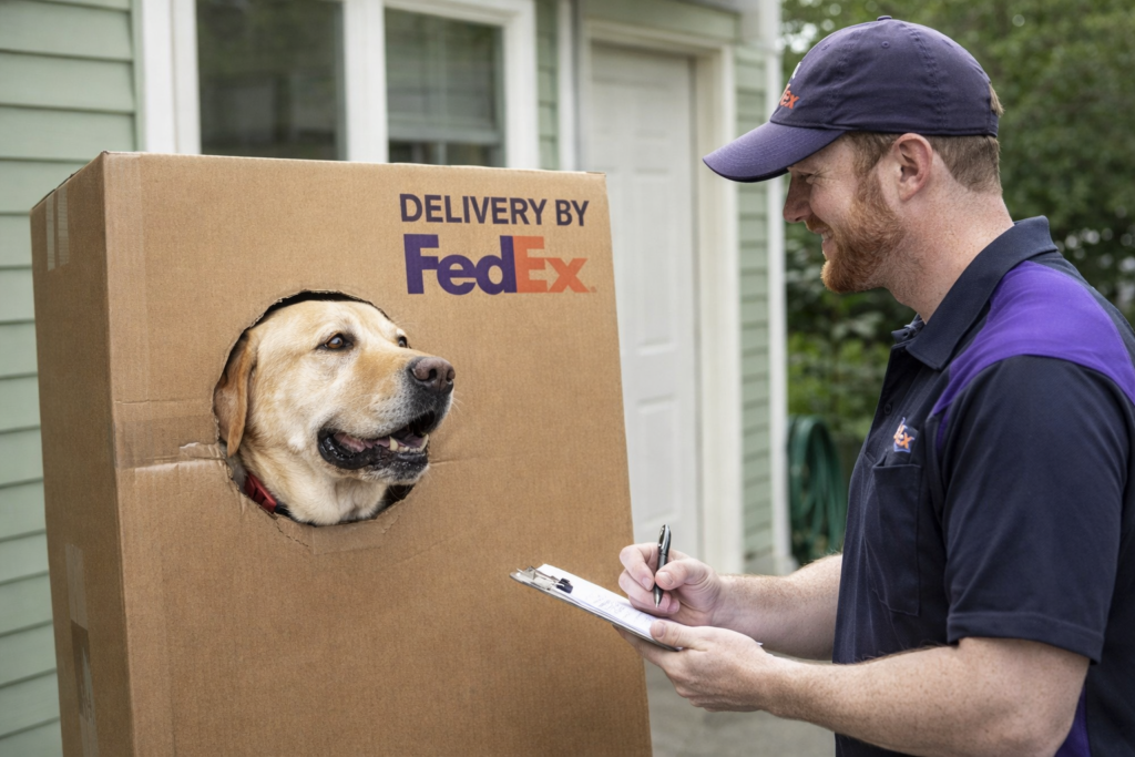 Funny delivery scene showing a FedEx driver with a clipboard looking at a Labrador retriever whose head is sticking out of a cardboard shipping box.