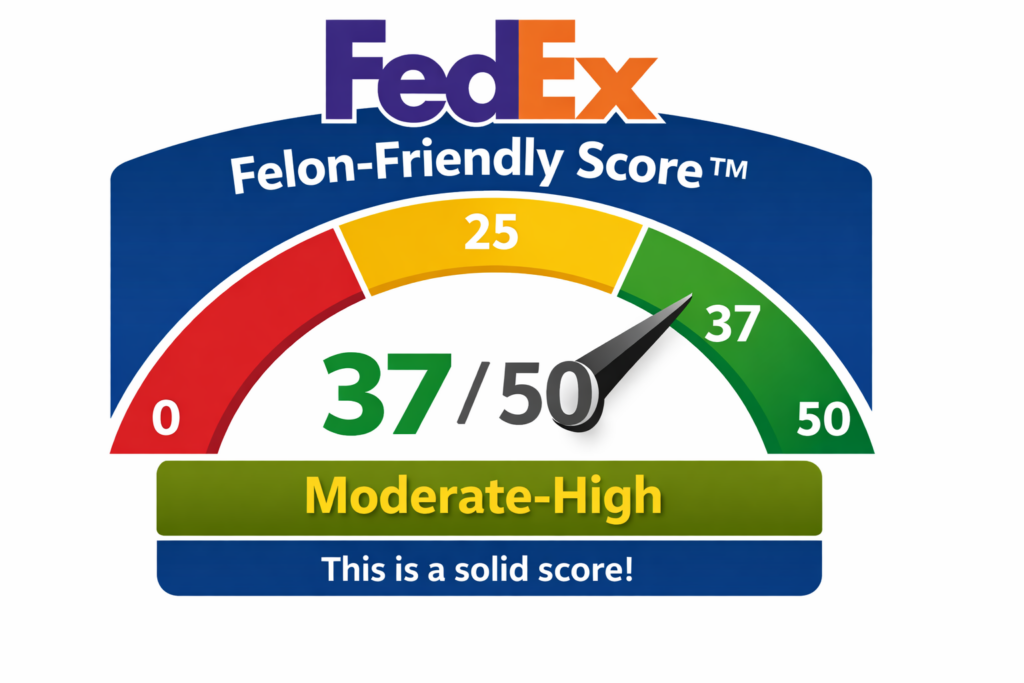 FedEx Felon-Friendly Score™ meter showing 37 out of 50, labeled “Moderate-High,” with the needle in the green range and the text “This is a solid score!”