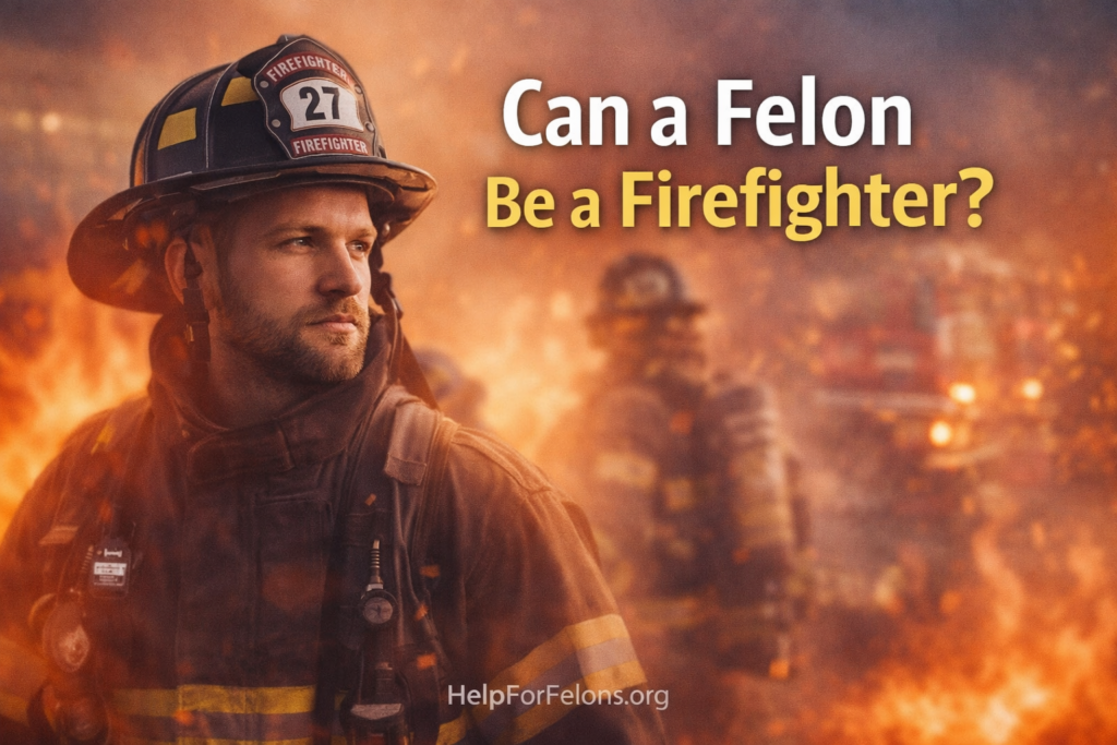Wide hero image showing a determined firefighter in full gear with a fire scene and emergency vehicles in the background, designed to represent the question of whether someone with a felony can become a firefighter. Visible HelpForFelons.org watermark included.