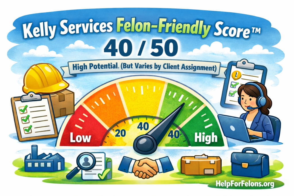 Cartoon-style infographic showing a Kelly Services Felon-Friendly Score™ meter at 34 out of 50, with the needle in the green range labeled High, plus job placement icons like a hard hat, clipboard, headset worker, boxes, handshake, and briefcases. A HelpForFelons.org watermark appears at the bottom.