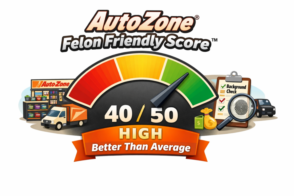 Cartoon style AutoZone Felon Friendly Score™ meter showing 40 out of 50 in the high range, with a gauge needle in the green zone, an auto parts store, delivery truck, background check clipboard, fingerprint magnifying glass, and money icons, plus a visible HelpForFelons.org watermark.