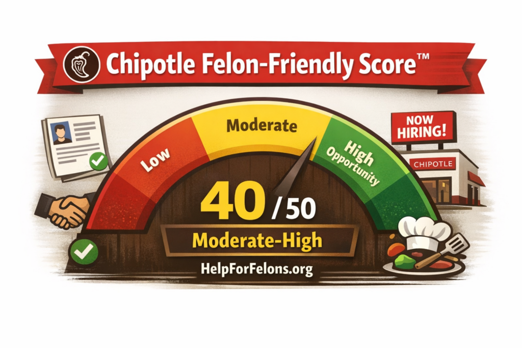 Chipotle Felon Friendly Score™ meter showing 40 out of 50 in the moderate high range, with a hiring gauge, Chipotle themed restaurant icons, and HelpForFelons.org watermark.