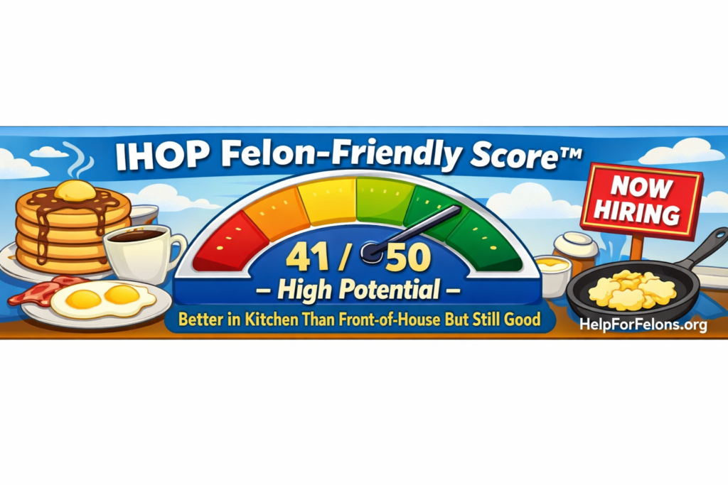 IHOP Felon-Friendly Score meter showing 41 out of 50 rated as high potential, with a note that kitchen roles are usually a better starting point than front-of-house positions, plus breakfast diner elements and a HelpForFelons.org watermark.