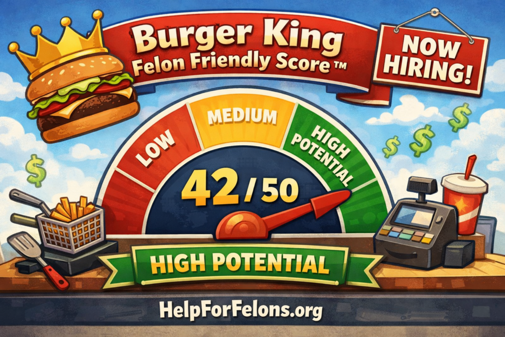 Burger King Felon Friendly Score™ banner showing a cartoon gauge at 42 out of 50 in the high potential range, with a crowned burger, now hiring sign, fryer and spatula icons, front counter register, drink cup, and visible HelpForFelons.org watermark.