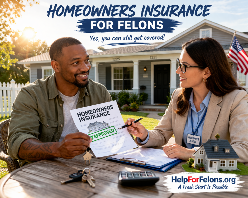 Man holding a home insurance policy while speaking with an insurance agent outside a house, representing homeowners insurance options for people with felony records, with HelpForFelons.org watermark.