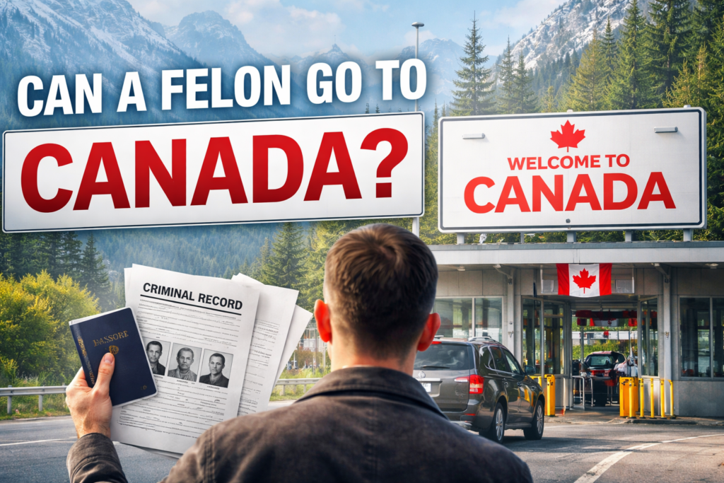 Man standing at a Canadian border crossing holding a passport and criminal record papers, with large signs asking if a felon can go to Canada and snowy mountains in the background.
