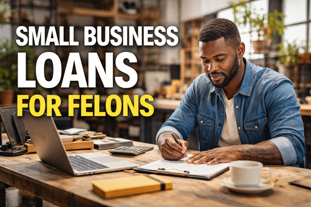 Image of aman applying for a lone with the words Small Business Loans for Felons