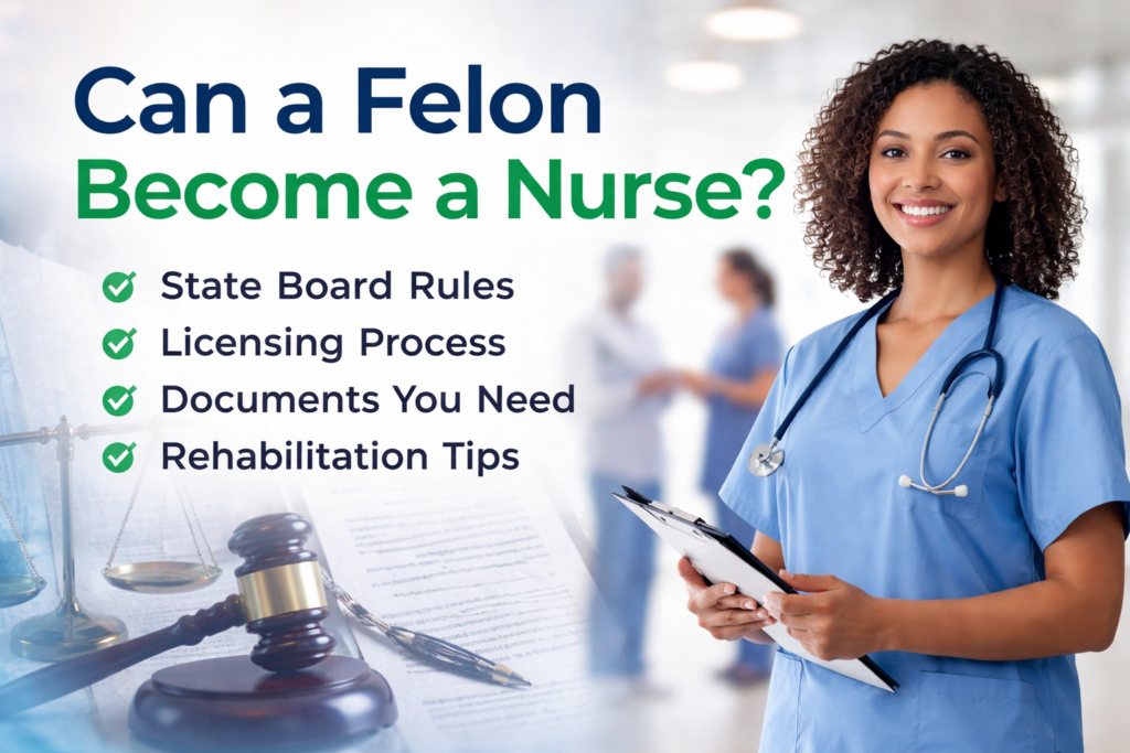 Wide hero image for an article about whether a felon can become a nurse. A smiling woman in blue scrubs stands in a bright hospital hallway holding a clipboard, with legal symbols and paperwork faded into the background. Large headline text asks, “Can a Felon Become a Nurse?” with callouts for state board rules, licensing process, documents needed, and rehabilitation tips.
