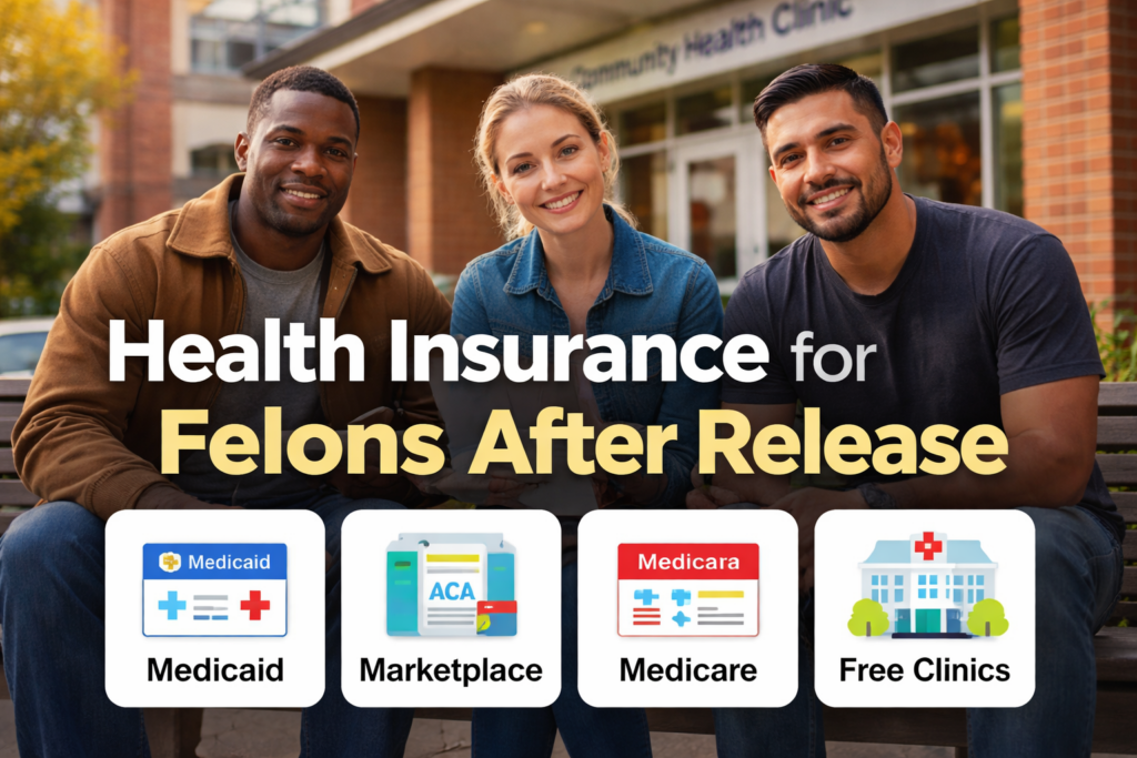 Hero image showing three people outside a community health clinic representing health insurance options after release, including Medicaid, Marketplace plans, Medicare, and free clinics, with HelpForFelons.org branding.