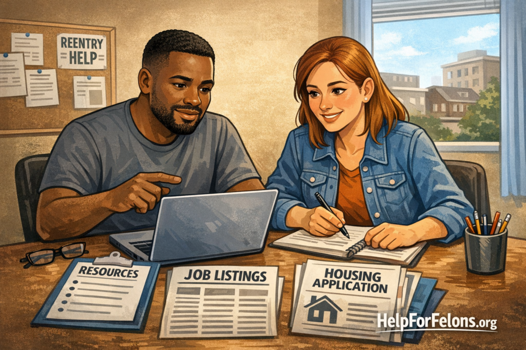 Wide cartoon style About Us hero image for HelpForFelons.org showing a man and woman sitting at a table with a laptop, notes, job listings, a housing application, and reentry resources, representing practical support, guidance, and second chance planning.