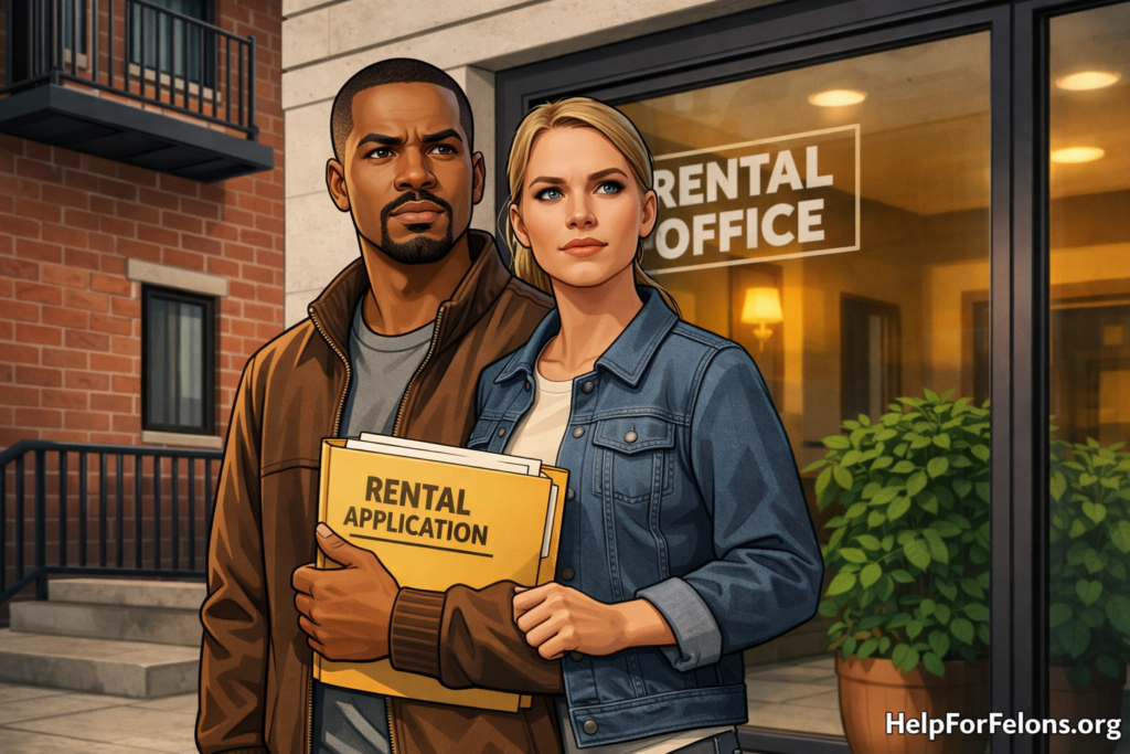 Wide hero image of a determined man and woman holding rental application paperwork outside an apartment rental office, with a HelpForFelons.org watermark in the corner.