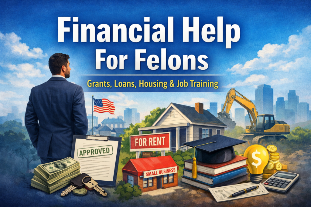 Wide hero image for Financial Help For Felons showing a man in business clothes facing a city skyline with symbols of money, housing, education, small business, and job training.
