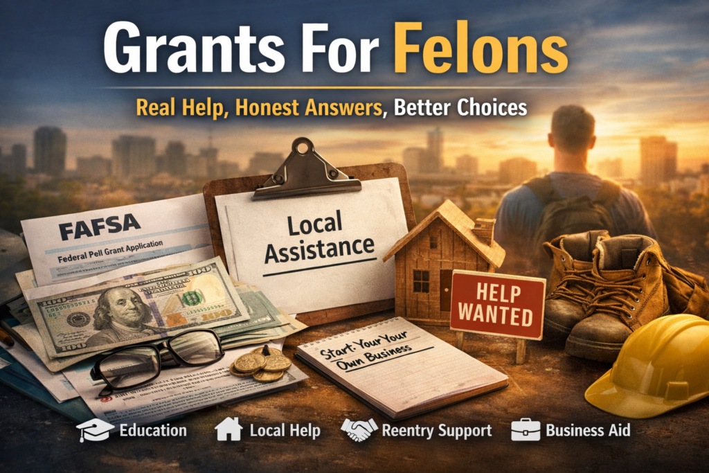 Hero image for Grants For Felons showing FAFSA paperwork, cash, a local assistance clipboard, work boots, a hard hat, a help wanted sign, and a man with a backpack looking over a city skyline, representing education aid, local help, reentry support, and business opportunities.