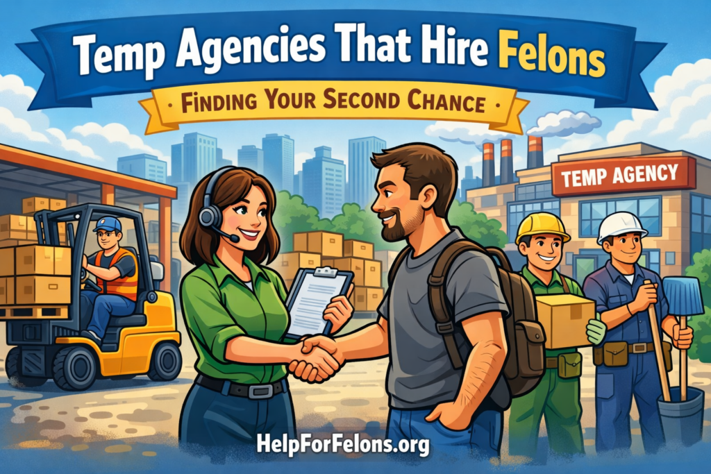 hero image showing a recruiter shaking hands with a job seeker outside a temp agency, with warehouse workers, a forklift, and the HelpForFelons.org watermark.