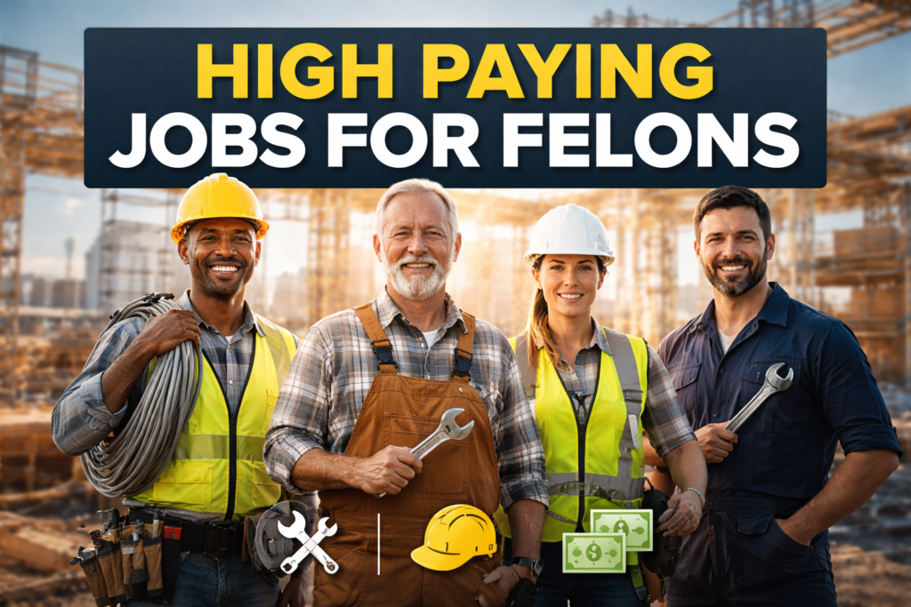 High paying jobs for felons hero image showing diverse skilled workers including a tradesman, electrician, line worker, and mechanic standing confidently at a jobsite with tools, representing career opportunity, skilled labor, and better paying second chance jobs.