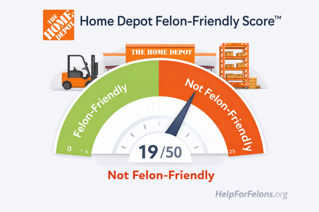 Home Depot Felon-Friendly Score™ meter showing a score of 19 out of 50 in the not felon-friendly range, with an orange-and-green gauge, a Home Depot store illustration, warehouse shelving, a forklift, and a HelpForFelons.org watermark.